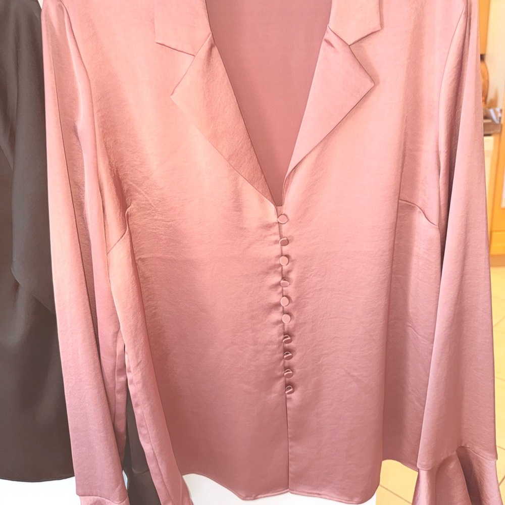 Express Satin Button-Front Blouse in Black and Rose Gold